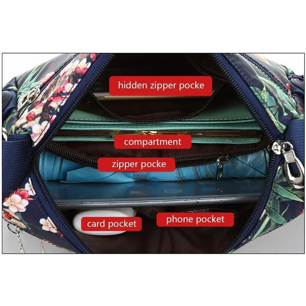 Women Nylon Crossbody Bag Multi Pocket Zipper Shoulder Purse Casual Travel
